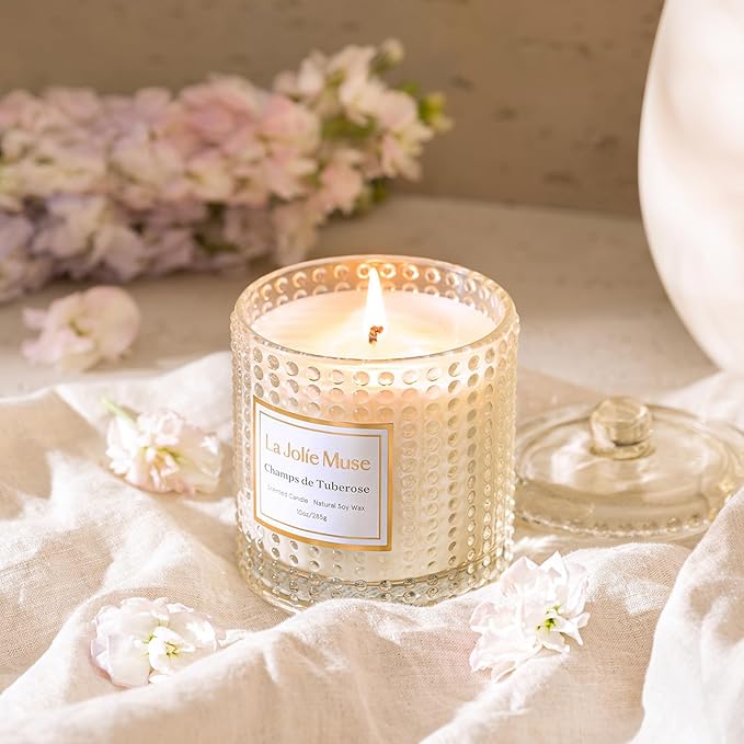 LA JOLIE MUSE Champs de Tuberose Scented Candle - Ylang, Tuberose, Orange Blossom | 10 oz Natural Soy Wax | 55 Hours Clean Burn | Floral Scented Candle | Gift-Ready for Hosts & Gatherings - Bloomnest