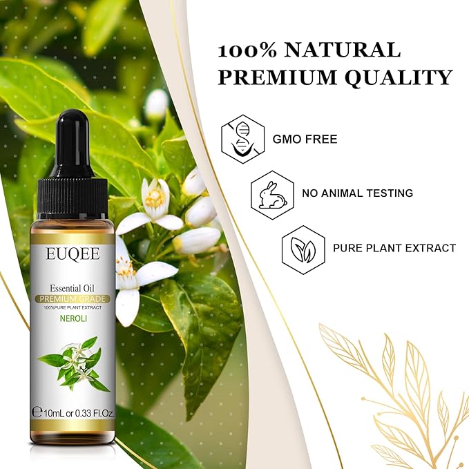 EUQEE Neroli Essential Oil 10 ml Pure Essential Oil with Glass Dropper for Diffusers, Aromatherapy, Candle & Soap Making - 0.33 Fl oz EUQEE