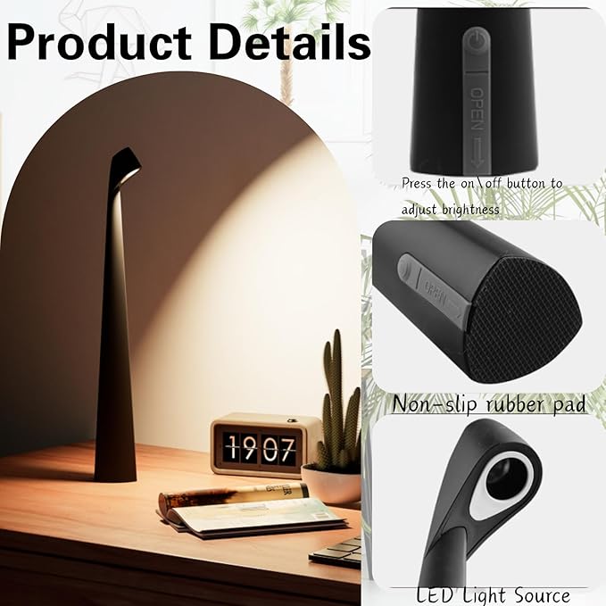 Cordless Desk Lamp, Portable Table Light, Rechargeable Touch Lamp, LED Lamp Battery Operated with 3 Brightness Levels for Bedside Dorm Reading (Black) - Bloomnest