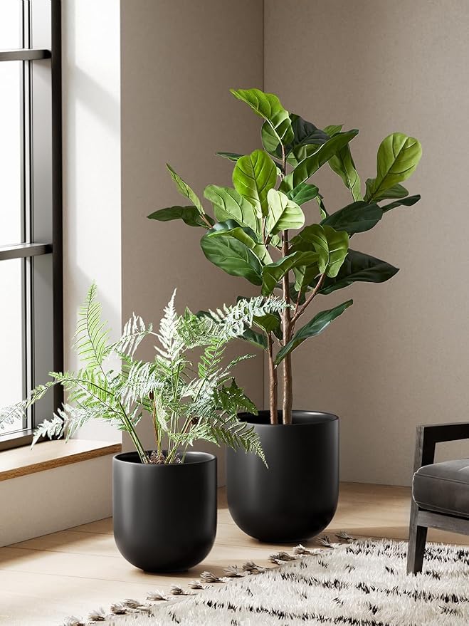 LE TAUCI 12 Inch Pots for Plants, Ceramic Large Planters for Home Garden Patio Office, Indoor Modern Plant Pots with Drainage Hole and Rubber Plug, Black - Bloomnest