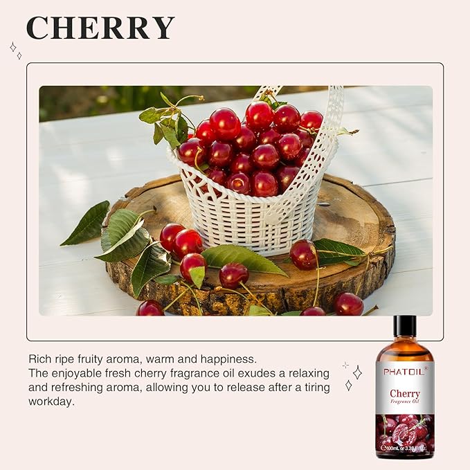 PHATOIL Cherry Fragrance Oils for Aromatherapy, 3.38FL.OZ Diffuser Oils for Home, Perfect for Aromatherapy, Humidifiers, Yoga, DIY Candle and Soap Making - 100ml - Bloomnest