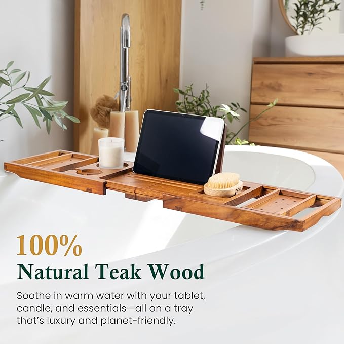 Teak Bathtub Tray, Bath Caddy with Wine Glass Holder, Phone Dock & Book Stand | Hands-Free Reading & Ultimate Spa Relaxation Experience-Natural - Bloomnest