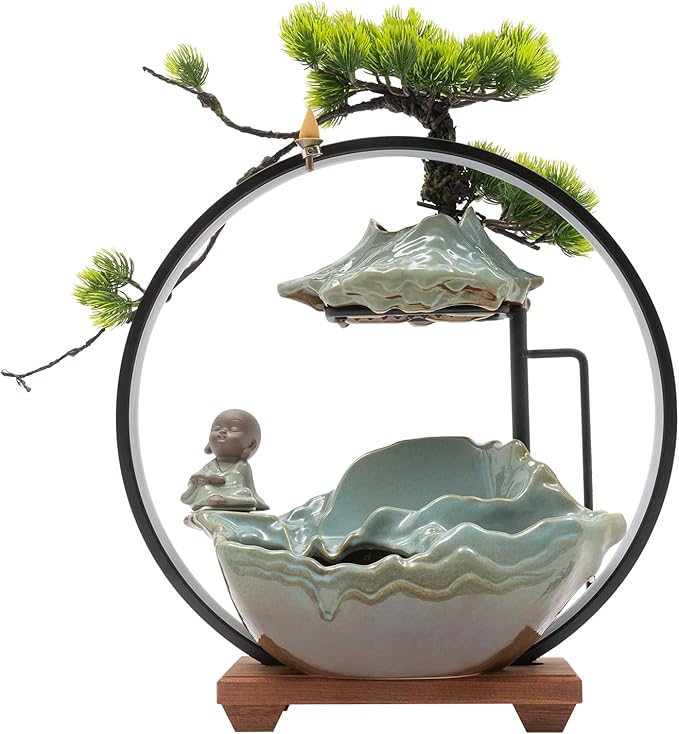 Tabletop Water Fountain, Indoor Waterfall with Round LED Light Ceramic Meditation Monk, Mist Maker and Incense Holder for Home Office Decor - Bloomnest