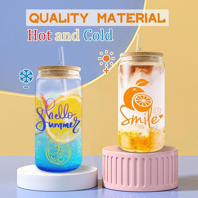 Sublimation Glass Cups Blanks with Bamboo Lids and Straws 50 Set 16 oz Reusable Iced Coffee Cup Beer Can Drinking Glasses, Cute Tumbler Cup for Smoothie Whiskey Boba Soda Tea Water - Bloomnest
