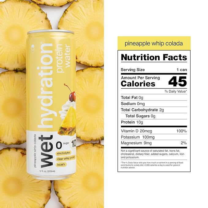 Wet Hydration | Functional Wellness Water, Non-Carbonated - Pineapple Whip Colada (12 fl. oz.| Pack of 12) - Zero Calorie Hydration Drink with Electrolytes, Clear Whey Protein, BCAAs, Protein Water, No Sugar, No Artificial Ingredients - Bloomnest