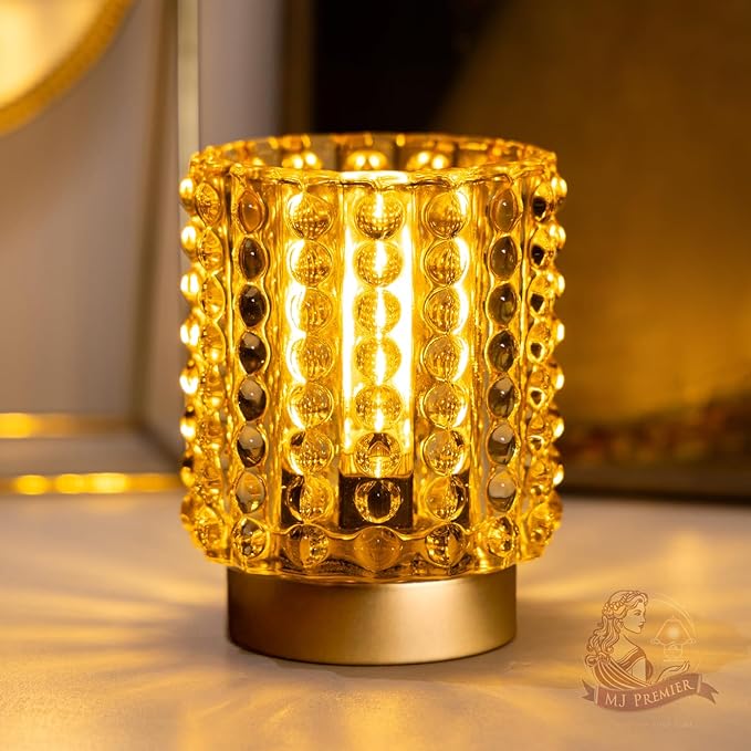 Battery Operated Lamp with Timer, Mini Crystal Table Lamps for Home Decor, Small Cordless Lamp for Areas No Outlets, Glass Battery Powered Lamps for Entryway, Bedroom, Bathroom, Shelf, Corner(Yellow) - Bloomnest