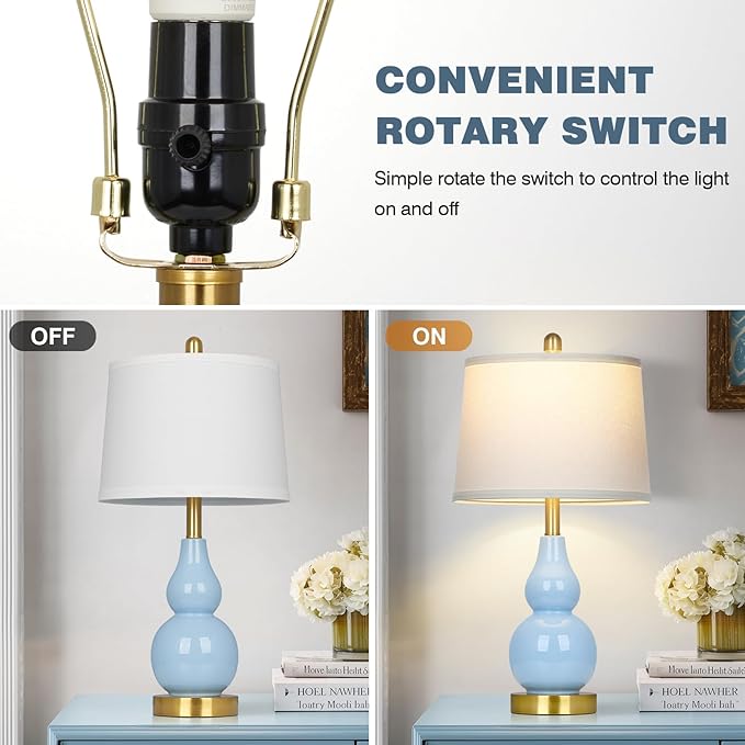 25" Modern Ceramic Table Lamps Set of 2, Blue Double Gourd Ceramic Lamps for Living Room, Coastal Farmhouse Rustic Bedside Nightstand Nautical Lamps for Bedrooms Home Office Dorm(2 LED Bulbs Included) - Bloomnest