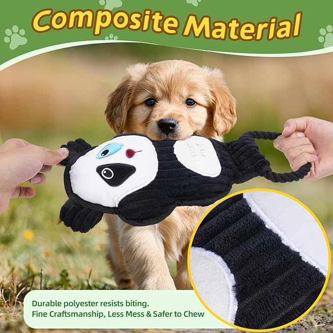 2-Pack Squeaky Dog Toys & Tough Tug of War Set - No Stuffing Chew-Resistant Plush Toys to Keep Them Busy, Best Birthday Gift for Small/Medium/Large Breeds (Panda & Dino) - Bloomnest