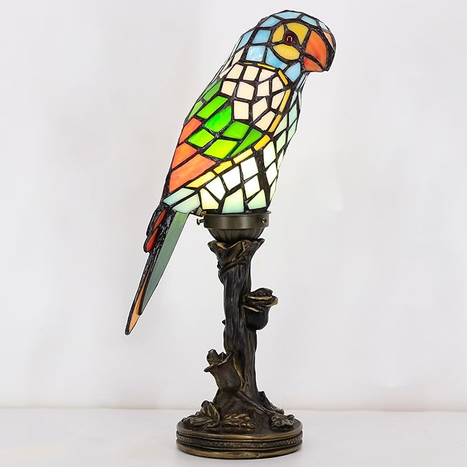 Small Tiffany Lamp Parrot Table Lamp Stained Glass Accent Lamp 15.3 Inch Tall Mini Desk Bedside Night Light for Kids Bedroom (Blue) - Bloomnest