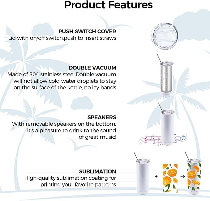 6 Pack 20 OZ Sublimation Blank Tumblers Bulk Stainless Steels Double Vacuum Bluetooth Speaker Music Insulated Tumbler with Lid and Straw Heat Transfer Cup Multicolor - Bloomnest