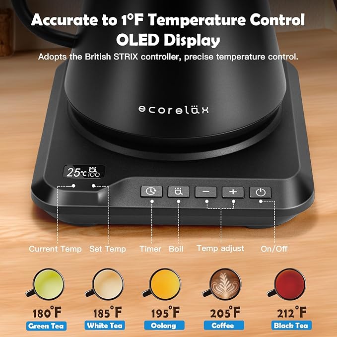 ECORELAX Gooseneck Electric Kettle, ±1℉ Temperature Control Pour Over Kettle for Coffee, Tea & Water, Stainless Steel 1200 W Keep Warm OLED Display 1 L (Black) - Bloomnest