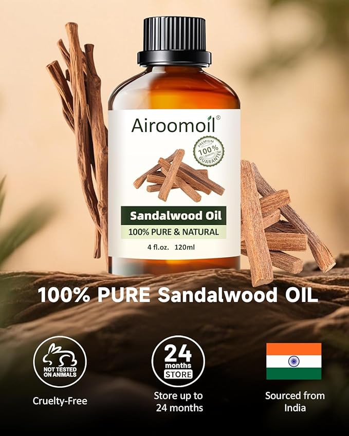 Sandalwood Essential Oil, 100% Pure Natural Sandalwood Oil for Diffuser, Aromatherapy, Skincare, Oil, Massage & DIY Perfume Making, Large 4 fl oz | Woody, Creamy, Long-Lasting Scent Airoomoil