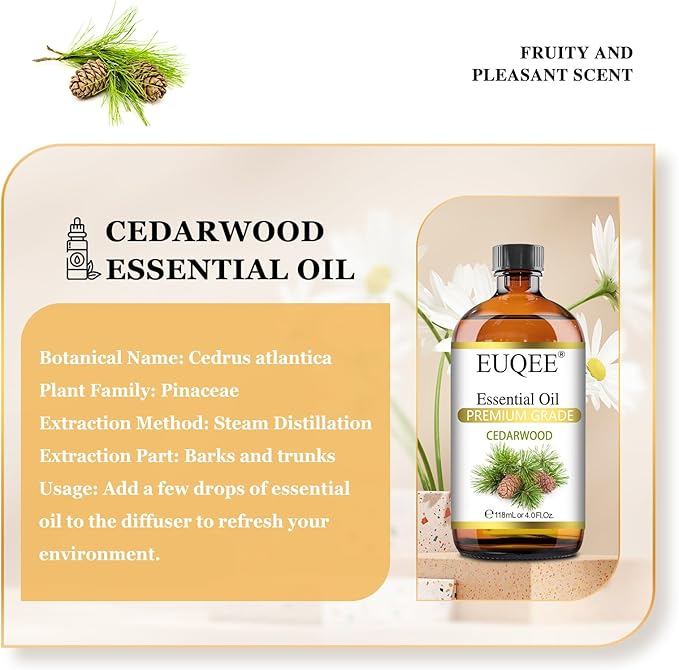 EUQEE Cedarwood Essential Oil 118mL Pure Cedarwood Oil Premium Essential Oil for Diffuser, Humidifier - with Glass Dropper (4fl.oz) - Bloomnest