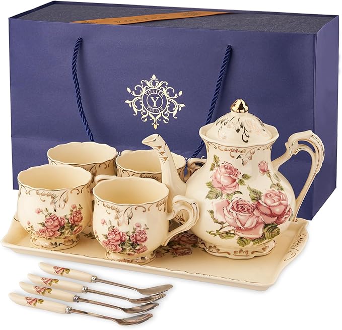 YOLIFE Porcelain Tea Set Vintage Rose, Tea Cups with Teapot, Serving Tray and Teaspoon Service for 4, Suitable for Tea Party Gifts - Bloomnest