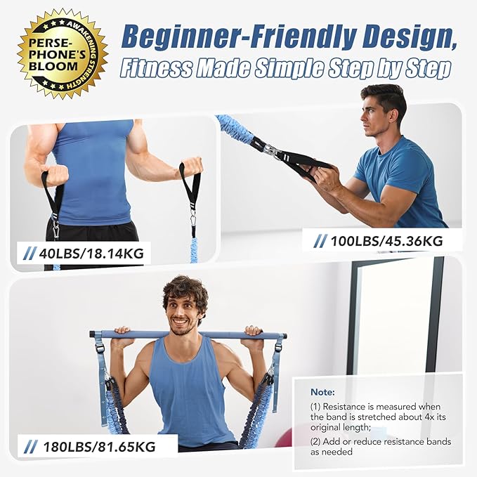 Upgraded Pilates Bar Kit with Resistance Bands Natural Latex for Women & Men, Heavy-Duty Stainless Steel Multifunctional Yoga Pilates Stick for Home Gym Exercise Fitness Equipment Full-Body Workouts - Bloomnest