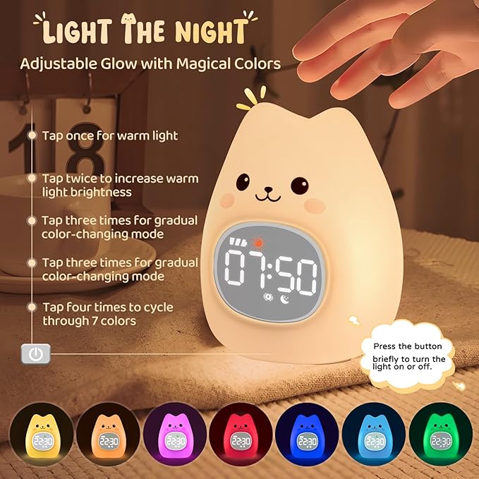 Cat Alarm Clock with Night Light for Kids with Sleep Training and Sound Machine, Rechargeable Silicone Lamp OK to Wake Clock，Cute Animal Tabletop Lamp, Perfect Sleep Companion for Boys Girls - Bloomnest