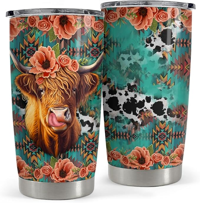 Highland Cow Tumbler 20oz Stainless Steel Insulated Coffee Travel Mug Cup for Women Girls Cows Lovers Cow Gifts for Birthday Christmas Mothers Day - Bloomnest