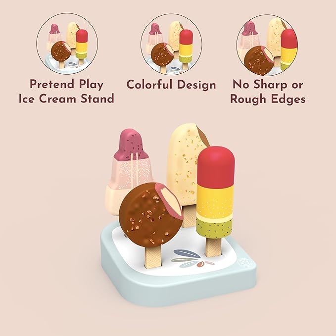 SPEEDY MONKEY Wooden Ice Cream Bar Stand with 4 Treats – FSC Certified Popsicle & Gelato Pretend Play Dessert Counter for Kids, Sweet Food Role Play Toy for Toddlers, Boys & Girls, Ice Cream Cart Set - Bloomnest