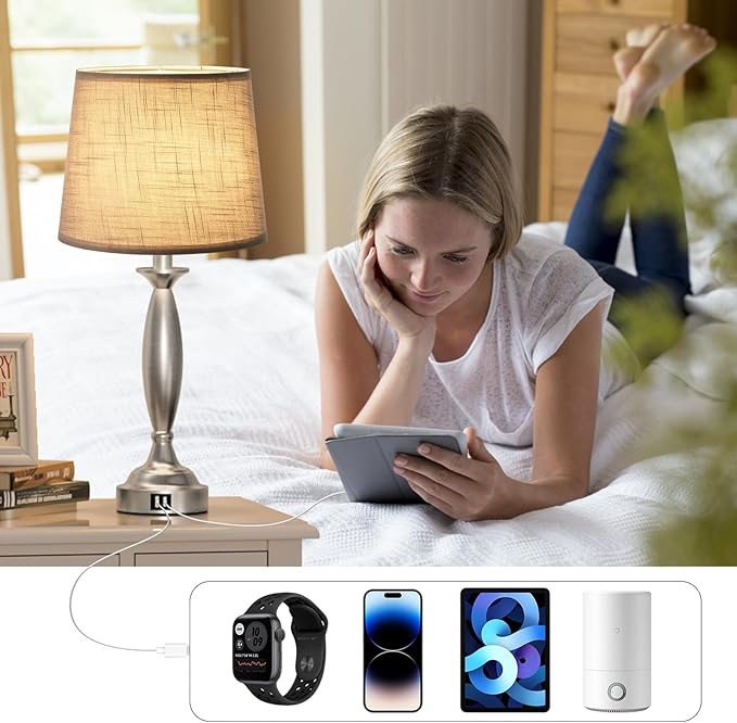 Lamps for Bedrooms Set of 2 - Touch Bedside Lamp with USB C+A, 3 Way Dimmable Nightstand Lamps with USB Port, Brushed Nickel Table Lamp for Living Room Guest Room Bed Side End Table(Mottled Gray) - Bloomnest