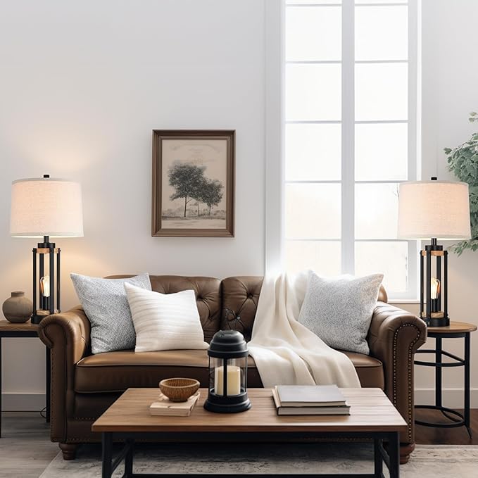 Farmhouse Table Lamps for Living Room Set of 2, 26” Rustic Beside Lamps with USB Charging Ports and Night Light, Bedroom Nightstand Lamp Vintage Reading Lamps for End Table,Bulbs Included - Bloomnest