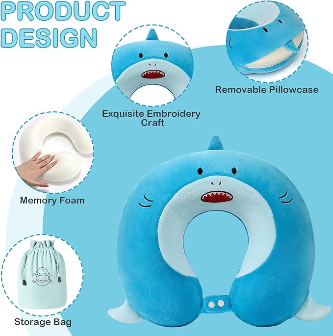 Kids Neck Pillow for Traveling, Adujstable Airplane Pillow with Travel Bag, Travel Essentials for Long Flights, Soft & Support Airplane Pillow for Headrest Sleep - Blue Shak - Bloomnest