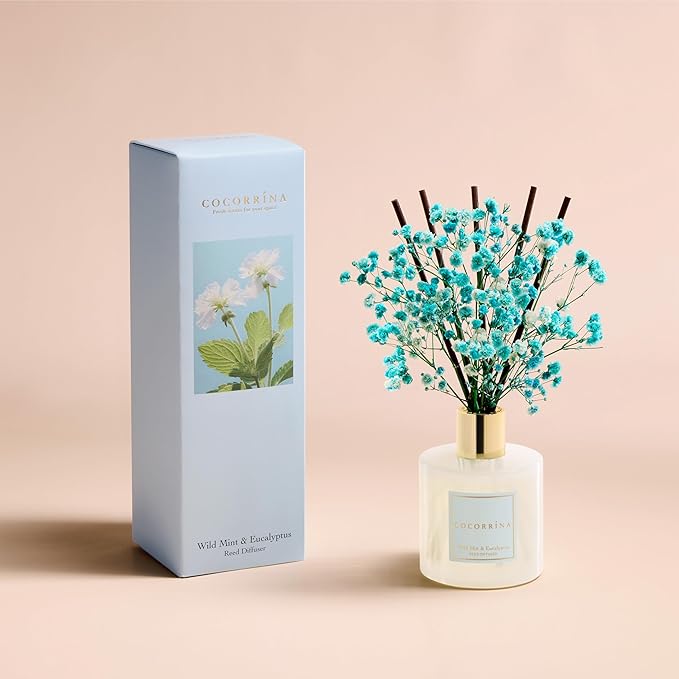 COCORRÍNA Reed Diffuser - Wild Mint & Eucalyptus 6.7 Fl.oz Reed Diffuser Set with Sticks & Preserved Baby's Breath, Reed Diffuser for Home Bathroom Shelf Decor - Bloomnest