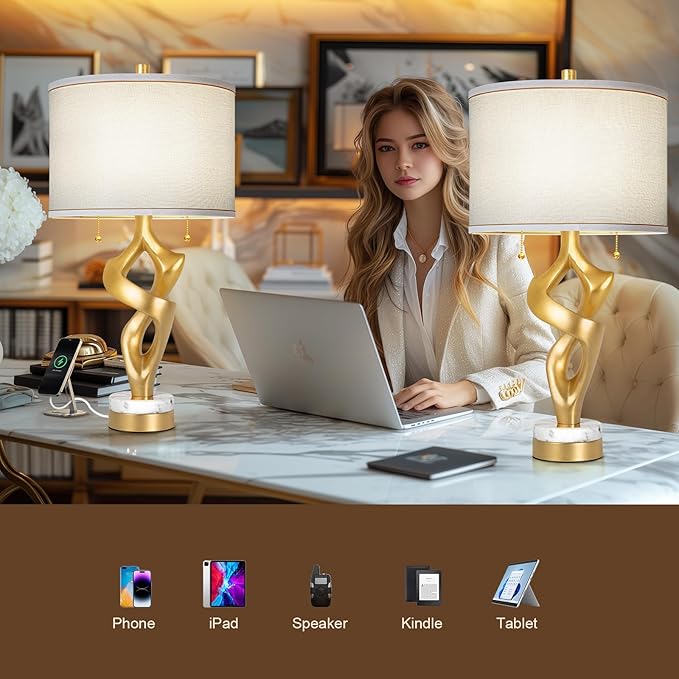Scenekoy Sculptural Table lamp Set of 2 for Living Room with Marble Base & USB Ports, Gold Leaf Finish Rustic Bedside Lamps with S Cluster Pull Chains Switch, Nightstand Lamp for Office Hotel Bar - Bloomnest