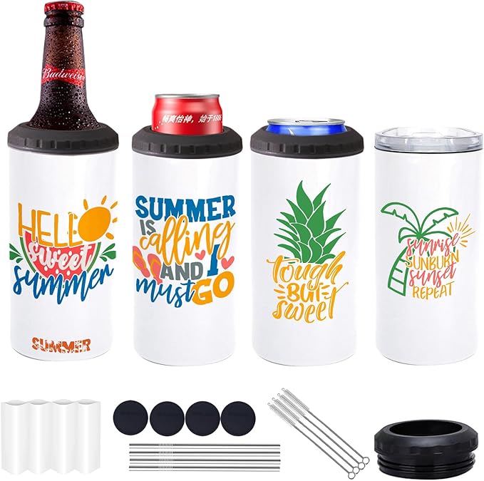 4 Pcs 16 oz Sublimation Blank Tumblers Skinny 4 in 1 Can Cooler with 2 Lid Stainless Steel Double Wall Insulated Beer Bottles Coolers Slim Can Holder for Drinks - Bloomnest