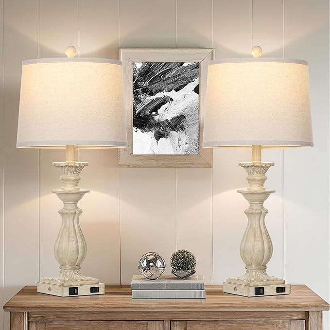 28" Farmhouse Table Lamps Set of 2 for Living Room, 3 Way Dimmable Bedside Lamp with USB C+A Ports & AC Outlet, Resin Vintage Tall Nightstand Lamps for Bedroom Office Hallway, Beige - Bloomnest