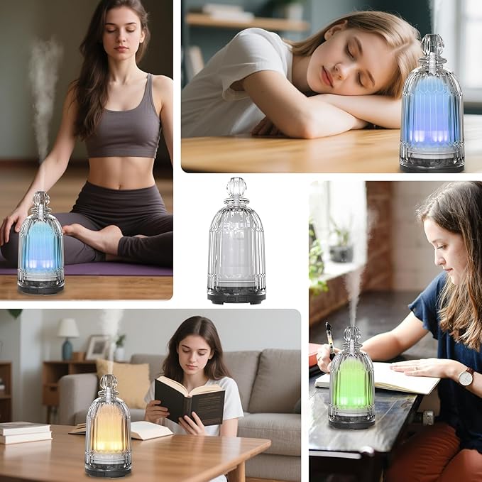Glass Essential Oil Diffuser, Ultrasonic Aroma Diffuser Glass Cover & Plastic Reservoir with 7 LED Color Changing Light, Auto Shut-Off for Home Office Spa, 120ml(Black Base) DOUDING