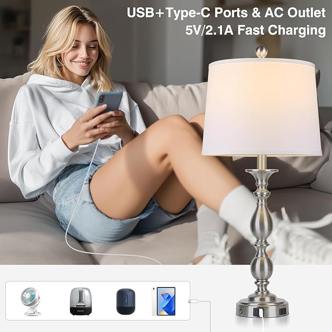 28" Tall Modern Table Lamps Set of 2 with USB A+C Ports and AC Outlet, 3 Way Touch Metal Bedside Lamps for Bedroom, Silver Farmhouse Nightstand Lamps for Living Room - Bloomnest