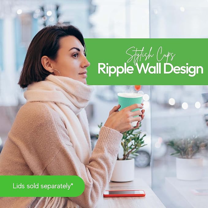 Restaurantware 12 Ounce Ripple Wall Disposable Coffee Cups, 500 Insulated Midnight Light Green Paper Tumblers with Rolled Rim Design, Lids Sold Separately for Hot Drinks like Tea, Hot Chocolate - Bloomnest