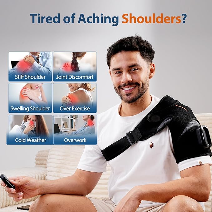 Cordless Shoulder Heating Pad with Magnetic Detachable Remote Control - Heated Massager Shoulder Brace for Pain Relief with 5 Vibration Modes & 5 Heating Levels, Gift for Men Women, Black - Bloomnest