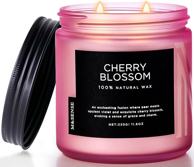 M&SENSE Cherry Blossom Scented Spring Candle, 70 Hours Long Lasting Soy Wax 11.6oz Stress Relief Aromatherapy Candles, Romantic Gifts for Women, Glass Jar for Bedroom Decor - Bloomnest