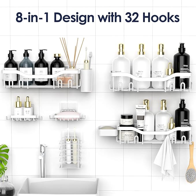 Shower Caddy Adhesive Shower Organizer 8-Pack, Rustproof Stainless Steel Bathroom Shelves, Large Capacity No-Drill Rack Storage Accessories with Soap Dish Toothbrush Holder Hooks - Bloomnest