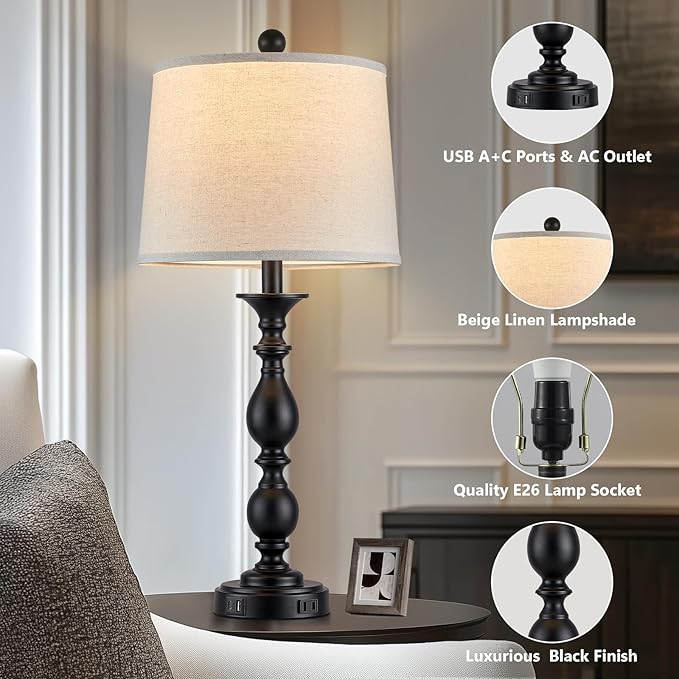 28" Tall Modern Table Lamps Set of 2 with USB C+A Ports and AC Outlet, 3 Way Touch Metal Bedside Lamps for Living Room, Black Farmhouse Nightstand Lamps for Bedroom - Bloomnest