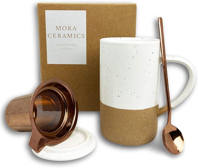 Mora 12oz Ceramic Tea Cup with Infuser, Spoon, Lid - Microwave & Dishwasher Safe - Bloomnest