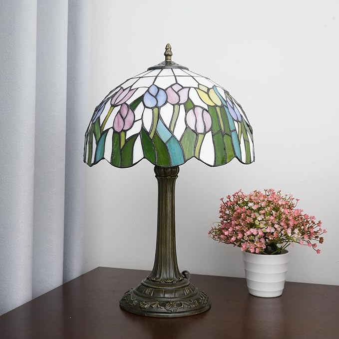 Tiffany Lamp Pink Orange Tulips Style Stained Glass Table Lamp Vintage Bedroom Bedside Light for Home Dorm Office Art Craft Antique Decor Accent Aesthetic Nightstand Reading Light 12x12x19 Inches - Bloomnest