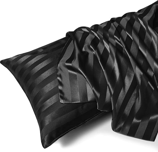 MR&HM Satin Body Pillow Cover, Soft and Breathable Body Pillow Case with Envelope Closure, Cooling and Silky Long Pillowcase for Hair and Skin,Grey (20x54, Black Striped) - Bloomnest