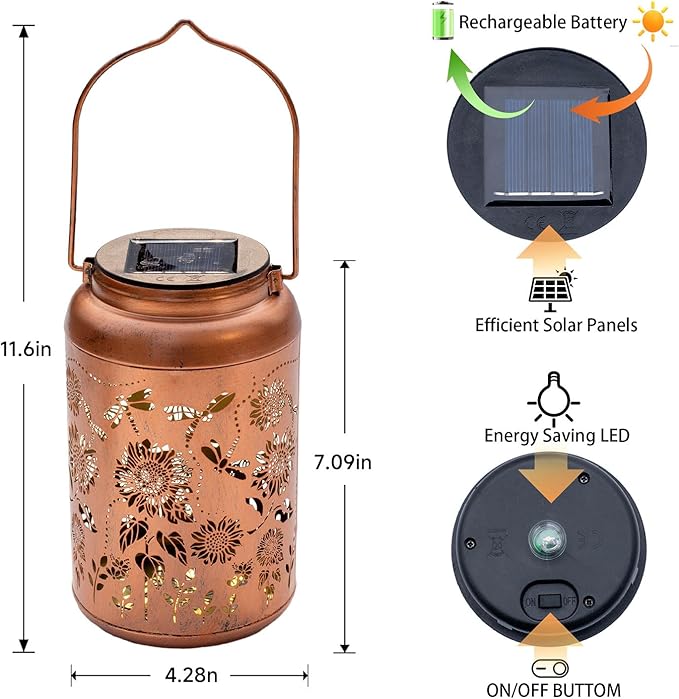 Sunflower Solar Lanterns Outdoor Waterproof,Birthday Gifts for Women Men Mom,Dragonfly Hanging Solar Lights Garden Decor Outdoor Lantern Metal Light Decorative Yard,Patio,Lawn,Porch,Deck,Balcony - Bloomnest