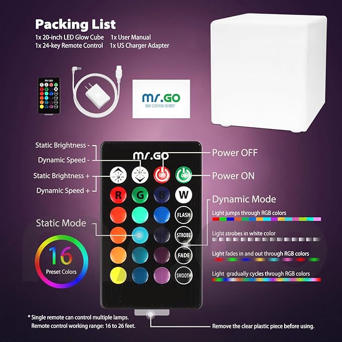 Mr.Go 20-inch LED Lighted Cube Table, Large LED Cube Chair Light, 16 RGB Colors Glowing Cube Seat w/Remote - Rechargeable - Waterproof - Home Outdoor Patio Pool Bar Stage Party Lighting Decoration - Bloomnest