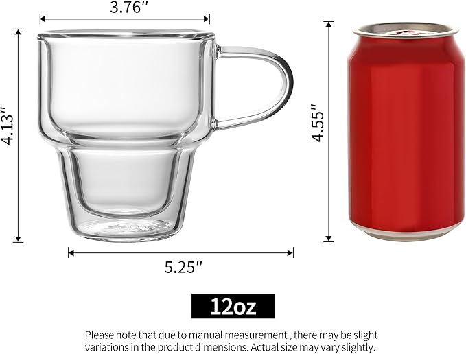 NIRA.Z 4 Pack Double Wall Glass Coffee Mugs 12 OZ Insulated Espresso Cups with Handle, Stackable Thermal Glass Coffee Cups, Ideal for Hot & Cold Drinks, Juice, Americano, Latte, Tea Bags, Cappuccinos - Bloomnest