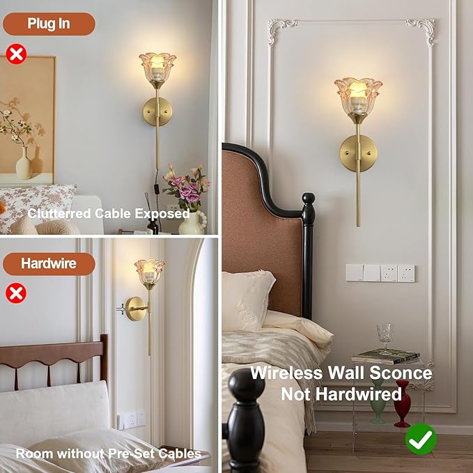 2 Pack Battery Operated Wall Sconce with Amber Glass Shades, Wireless Rechargeable RGB Wall Light with Remote Control, for Bedroom Mirror Living Room, ETL Listed - Bloomnest