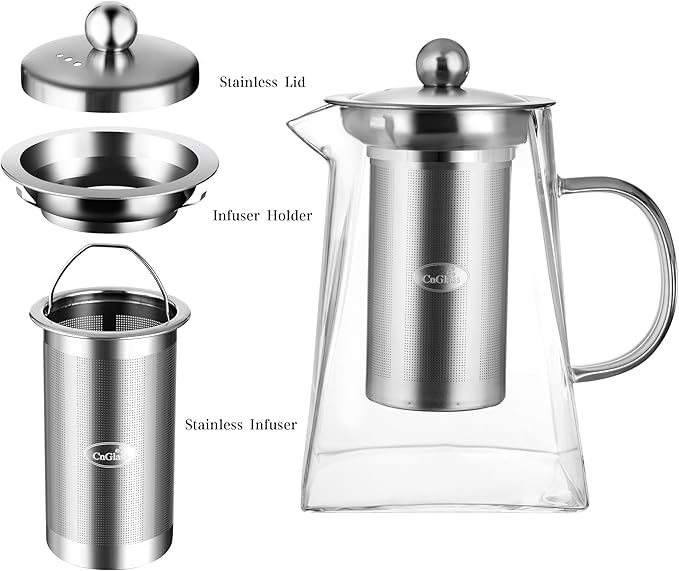 CNGLASS Glass Teapot with Infuser,31oz Clear Glass Tea Kettle with Removable Stainless Steel Strainer,Stovetop Safe Glass Teapot for Blooming and Loose Leaf Tea… - Bloomnest