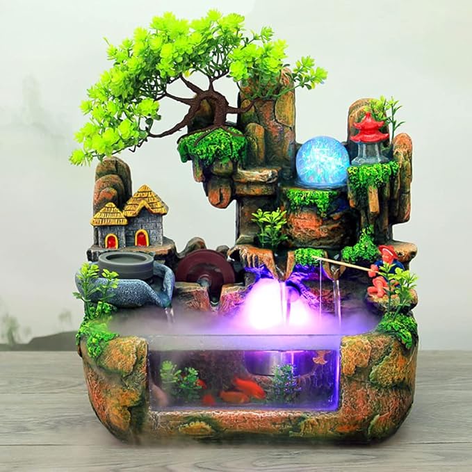 Desktop Fountain Waterfall with Light Rockery Fountain Meditation Plants Stones LED Lamp Indoor Feature with Automatic Pump Relaxation Resin Planter for Office Decoration - Bloomnest