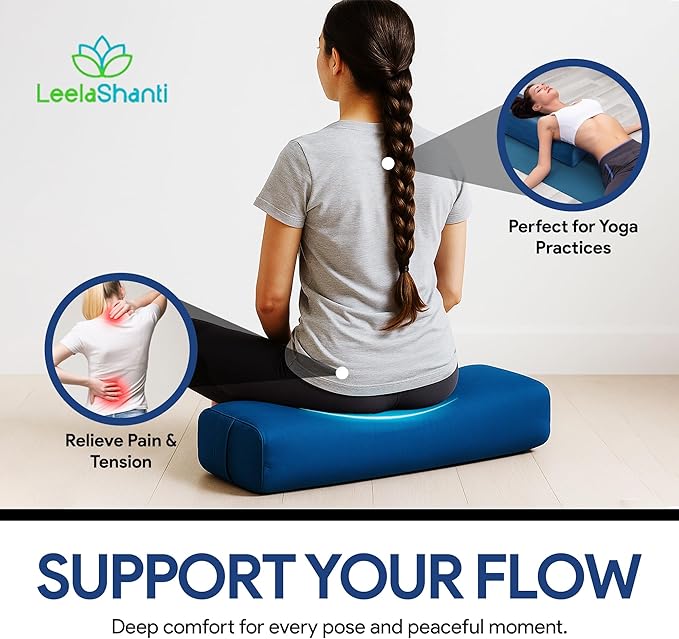 Rectangular Yoga Bolster Pillow for Meditation, Yoga & Back Support – Soft Meditation Cushion with Removable Hand Wash Cotton Cover & Carry Handle (Blue) - Bloomnest