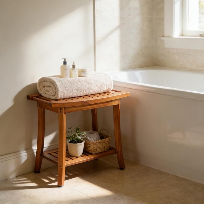 Utoplike Teak Shower Bench Seat with Handles, Portable Wooden Spa Bathing Stool with Storage Towel Shelf, 22" x 13" x 18.6", Perfect for Indoor and Outdoor Use - Bloomnest