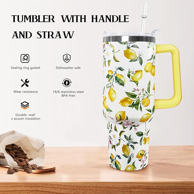Ceovfoi 40 oz Lemon Print Stainless Steel Tumbler With Lid and Straw - Yellow Coffee Travel Mug Cup Water Bottle - Gifts for Lemon Lovers - Bloomnest