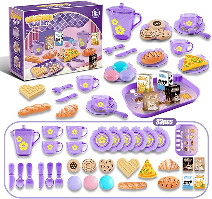 Tea Party Set for Little Girls, Pretend Dessert Food Set for Kids Age 3 4 5 6 7 8 9, Kids Kitchen Pretend Play Dessert Set for Girls Princess Boys (Purple) - Bloomnest