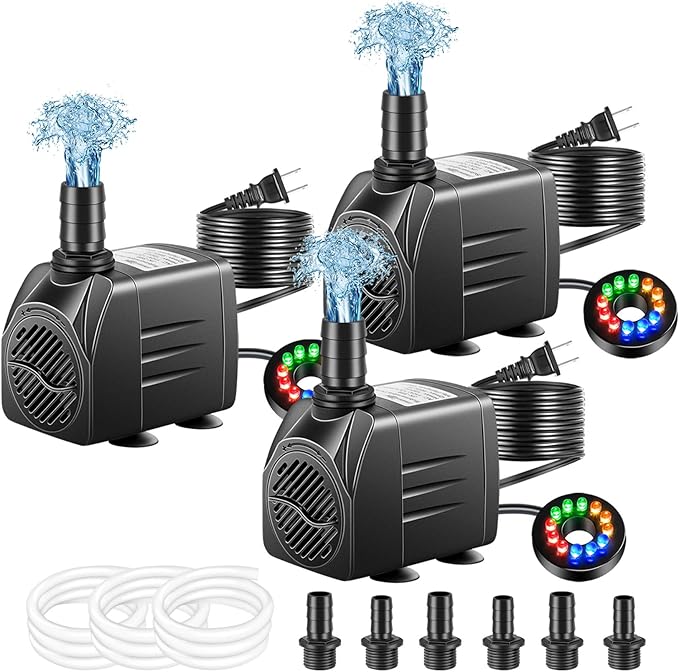 3 Pack Submersible Pump with Led Light, Small Fountain Pump with Tubing, Submersible Water Pump for Aquarium Fish Tank Indoor or Outdoor Pond Fountain Hydroponics Statuary (25W 400GPH) - Bloomnest